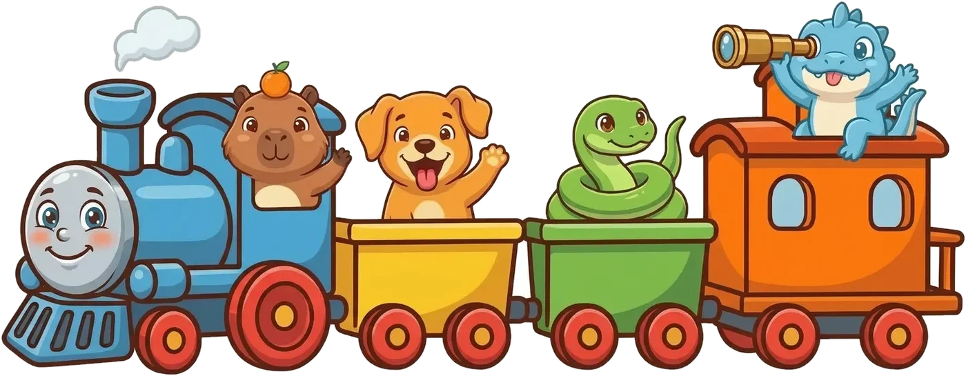 Cappy driving the village train with Huff, Sammy and Theo waving